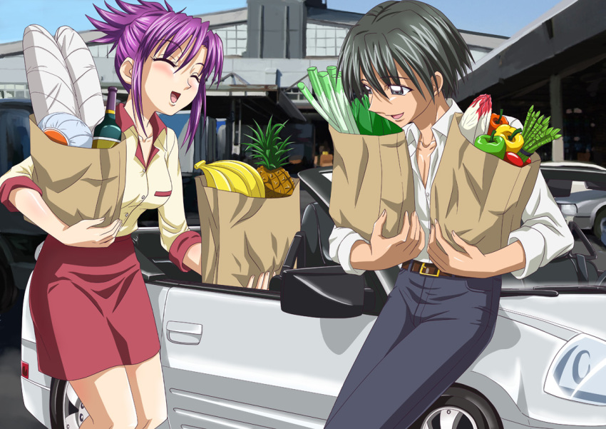 1boy amagi_rihito ankoku_tiger bag banana bell_pepper black_hair bottle car commentary_request convertible female food fruit green_pepper groceries mermaid_melody_pichi_pichi_pitch mitsubishi_eclipse mitsubishi_motors motor_vehicle nikora official_style paper_bag pineapple purple_hair red_pepper short_hair spring_onion yellow_pepper