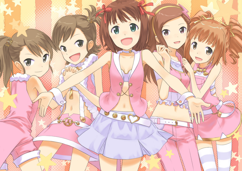 5girls :d amami_haruka asymmetrical_hair belt brown_eyes brown_hair buntan choker commentary_request drill_hair fur_trim futami_ami futami_mami green_eyes hair_ribbon hairband highres holding_hands idolmaster idolmaster_(classic) long_hair midriff minase_iori multiple_girls navel open_mouth outstretched_arms pants pink_diamond_765_(idolmaster) pink_pants ribbon short_hair shorts side_ponytail skirt smile spread_arms star_(symbol) striped_background striped_clothes striped_thighhighs takatsuki_yayoi thighhighs twin_drills twintails wrist_cuffs