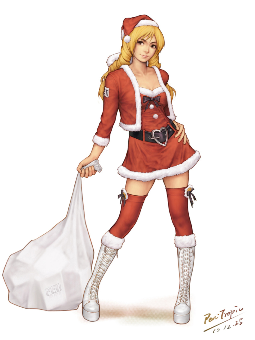 artist_name bag belt blonde_hair boots bow commentary_request cropped_jacket cross-laced_footwear dated dress drill_hair female hat heart highres holding knee_boots lace-up_boots long_hair looking_at_viewer pen-tropic photoshop_(medium) purple_eyes realistic santa_costume santa_hat shijou_hinako signature simple_background solo the_king_of_fighters thighhighs twin_drills twintails white_background