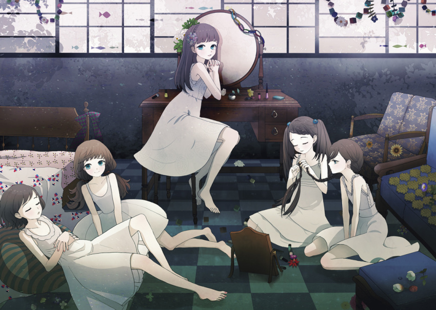 5girls bad_id bad_pixiv_id bare_shoulders barefoot bed blue_eyes bob_cut braid braiding_hair brown_hair chair checkered_floor closed_eyes collarbone dress felt flower hair_bobbles hair_flower hair_ornament hairdressing indoors long_hair looking_at_viewer low_twintails lying makeup mirror multiple_girls nail_polish on_back on_floor original own_hands_clasped own_hands_together paper_chain photoshop_(medium) pillow rose short_hair single_braid sitting sleeping sleeveless sleeveless_dress table toenail_polish toenails twintails vanity_table wariza white_dress white_flower white_rose window yokozuwari