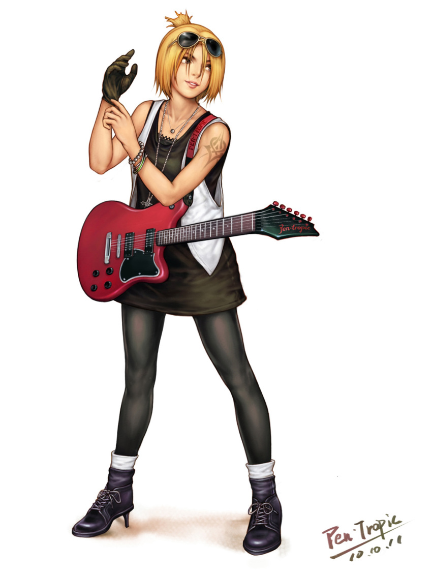 adjusting_clothes adjusting_gloves blonde_hair blue_mary bracelet casual chemise commentary_request eyewear_on_head fatal_fury female gloves grey_eyes guitar high_heels highres instrument jewelry necklace pantyhose pen-tropic photoshop_(medium) ponytail shoes short_hair signature solo sunglasses tattoo the_king_of_fighters vest