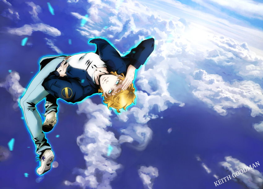 1boy aqua_eyes blonde_hair blue_eyes blue_jacket bomber_jacket commentary_request denim flying glowing glowing_eyes jacket jeans keith_goodman male_focus mns pants salute shoes sky sneakers solo superhero_costume tiger_&_bunny