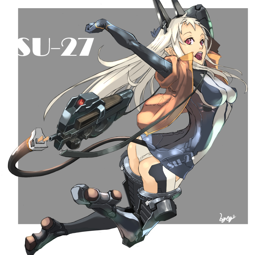 arms_behind_head bigegg bodysuit bullpup cable gun highres long_hair mecha_musume mechanical midair open_mouth original p90 personification red_eyes simple_background sling solo su-27 submachine_gun tail teeth thighhighs vest weapon white_hair