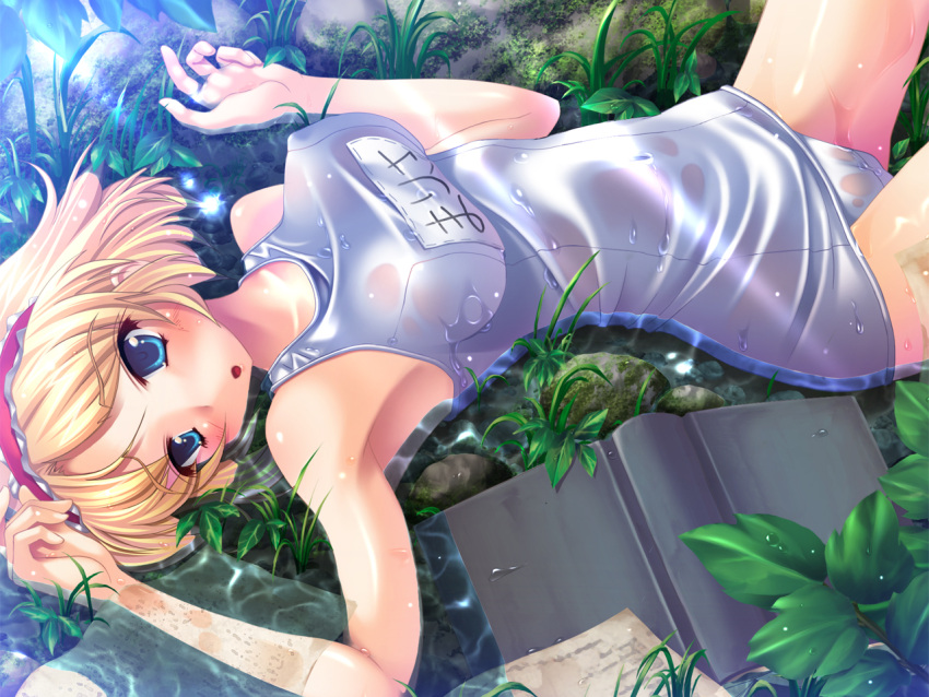 alice_margatroid armpits blonde_hair blue_eyes blush book breasts commentary_request covered_nipples female hairband ichio large_breasts lying one-piece_swimsuit photoshop_(medium) ribbon school_swimsuit see-through shiny_clothes short_hair solo swimsuit touhou water wet wet_clothes white_one-piece_swimsuit