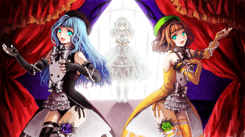 1boy 2girls aqua_eyes bad_id bad_pixiv_id beret black_legwear blue_hair bow brown_hair clair_vaux_bernardus curtains dress fingerless_gloves flower furfur gloves green_flower green_rose hat highres long_hair multiple_girls nyamorin otoko_no_ko purple_flower purple_rose ribbon rose short_hair smile symmetry thighhighs umineko_no_naku_koro_ni yellow_legwear zepar