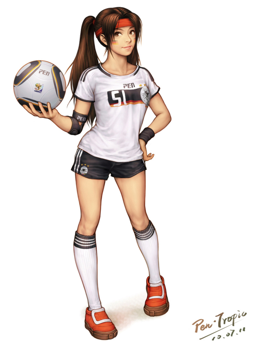 alternate_hairstyle armband ball black_shorts brown_eyes brown_hair commentary_request facepaint female flag german_flag germany hand_on_own_hip highres holding jersey kneehighs lips pen-tropic photoshop_(medium) realistic ryuuko_no_ken shorts signature soccer_ball soccer_uniform socks solo sportswear star_(symbol) striped the_king_of_fighters twintails yuri_sakazaki