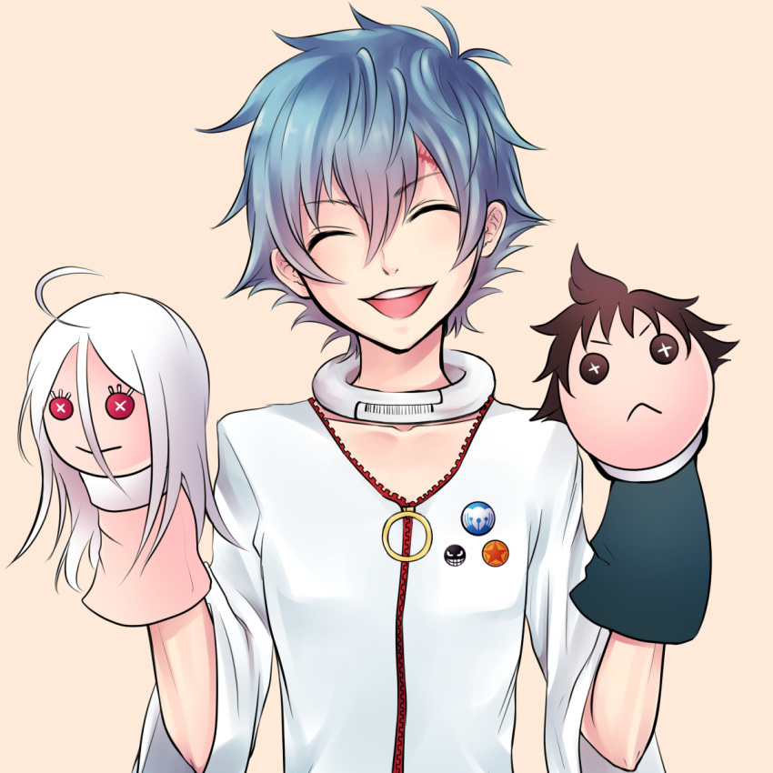 blue_hair brown_hair deadman_wonderland highres igarashi_ganta puppet sakigami_toto scar shiro_(deadman_wonderland) smile white_hair