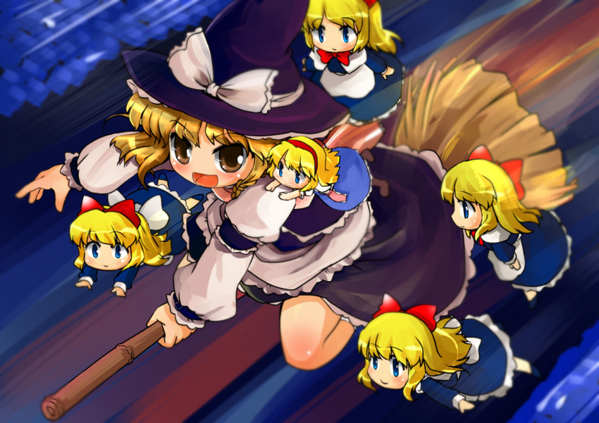 2girls alice_margatroid bamboo_broom blonde_hair blue_eyes bow braid broom broom_riding commentary_request doll dress flying frills hairband hairbow hat hat_bow hikami_izuto kirisame_marisa mini_person minigirl multiple_girls scarf shanghai_doll touhou white_bow witch_hat yellow_eyes