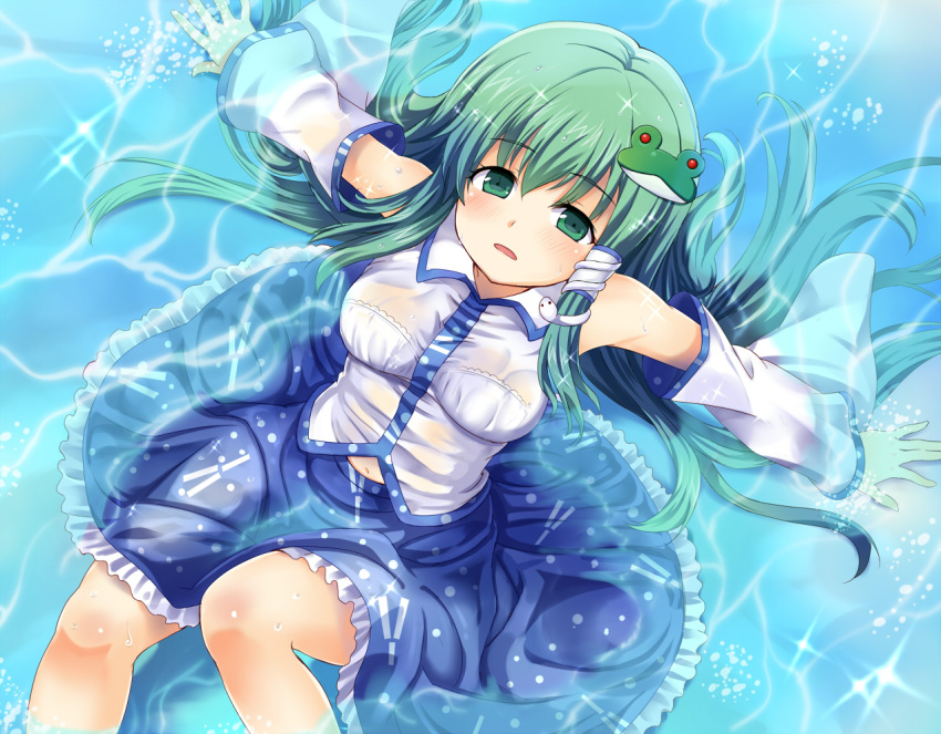 blue_door bra braid commentary_request detached_sleeves female from_above green_eyes green_hair hair_tubes kochiya_sanae lingerie long_hair navel partially_submerged see-through sitting skirt solo touhou underwear water wet wet_clothes