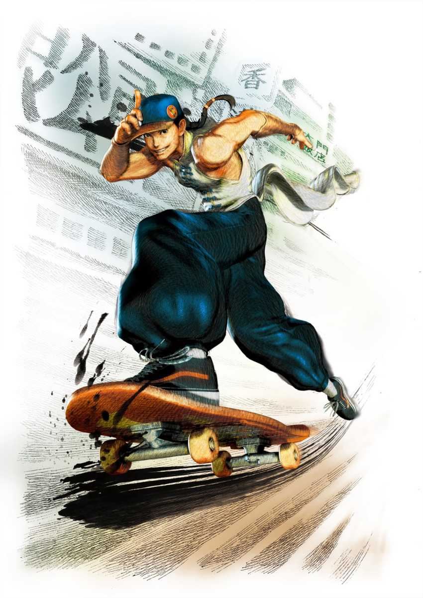 black_hair capcom highres long_hair male male_focus official_art ponytail skateboard street_fighter yun yun_lee