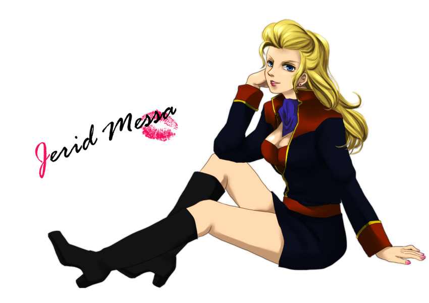 blonde_hair blue_eyes boots breasts cleavage earring earrings gundam jerid_messa jewelry lipstick lipstick_mark long_hair makeup nail_polish rule_63 scarf zeta_gundam