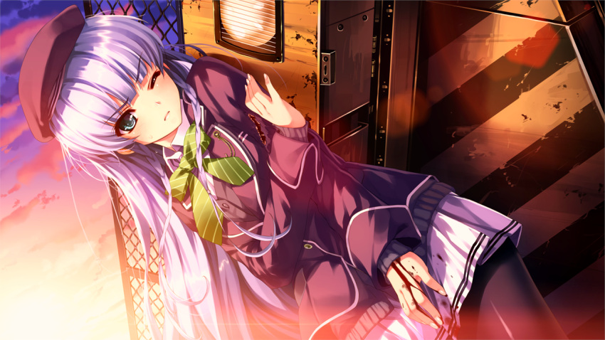 aqua_eyes blood blue_hair furukawa_yui game_cg hat kuroya_shinobu pantyhose seifuku ushinawareta_mirai_wo_motomete