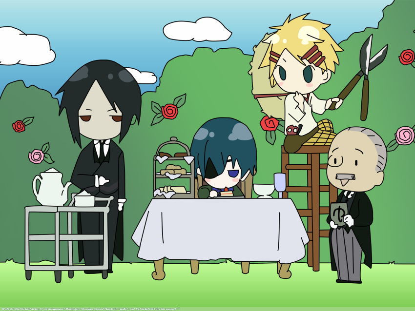 aristocrat black_hair blonde_hair butler cake ciel_phantomhive demon drink drinks elderly everyone finnian food garden group highres kuroshitsuji male male_focus official_art screencap screenshot sebastian_michaelis servant servants short_hair square_enix sweets tanaka tea tiered_serving_stand victorian_clothes