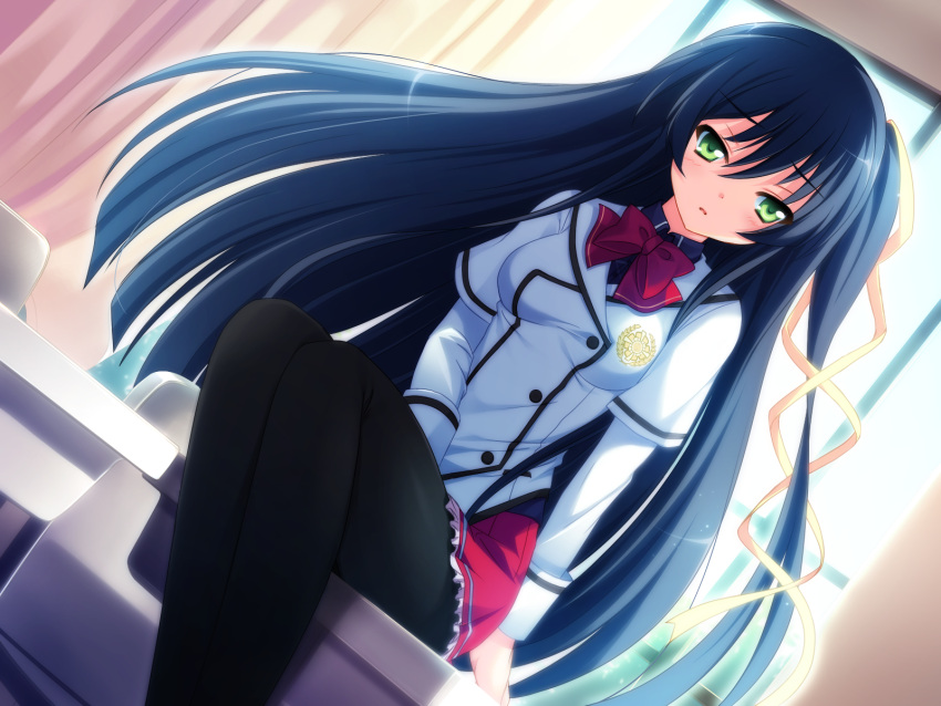 black_hair black_legwear blush dutch_angle female game_cg green_eyes highres long_hair lovekami motoi_ayumu pantyhose ribbon sakisa_itsuki school_uniform sitting very_long_hair yashima_takahiro