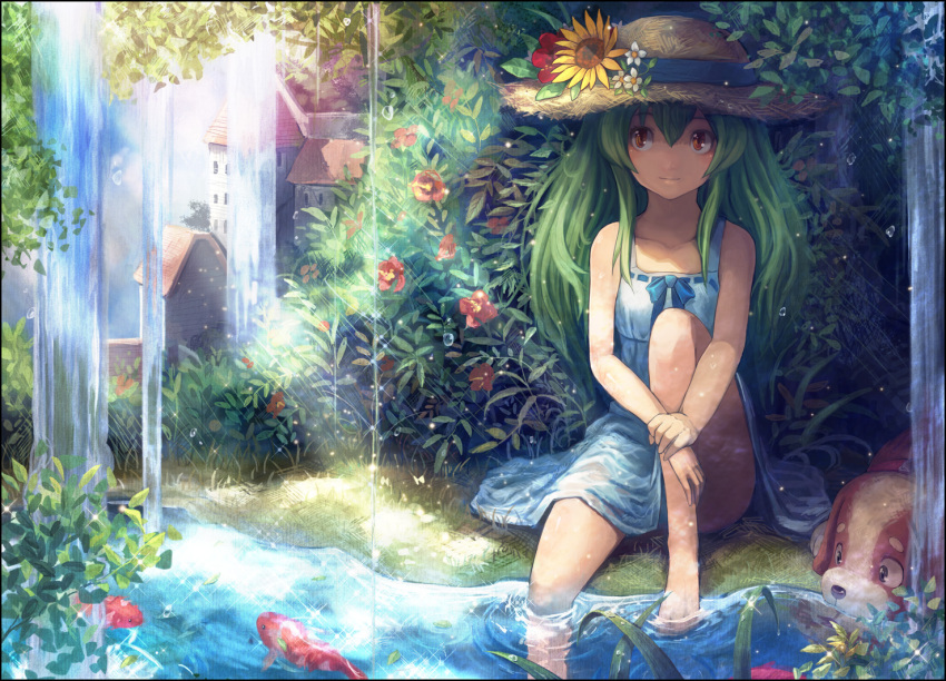 canine collarbone commentary_request dress female fish flower goldfish green_hair hat hat_flower matsumoto_mitsuaki original partial_commentary photoshop_(medium) red_eyes sitting soaking_feet solo straw_hat sundress sunflower water