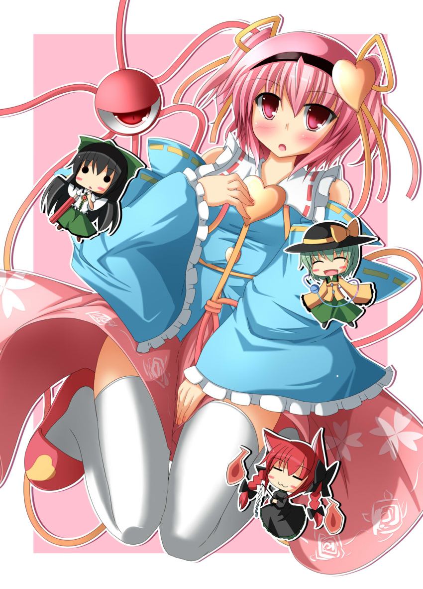 4girls black_hair chibi commentary_request green_hair highres kaenbyou_rin komeiji_koishi komeiji_satori liya multiple_girls pink_eyes pink_hair red_hair reiuji_utsuho thighhighs touhou white_legwear