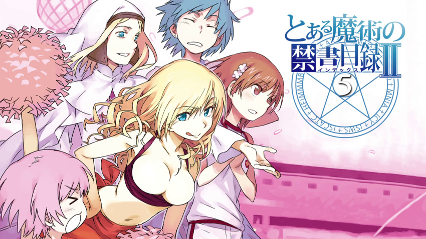 1boy 4girls a_certain_high_school_gym_uniform aogami_pierce armpits bare_shoulders blonde_hair blue_eyes blue_hair blue_shorts breasts brown_eyes brown_hair cheerleader cleavage copyright_name emblem gym_shirt gym_shorts gym_uniform habit haimura_kiyotaka hair_ornament highres large_breasts logo medium_hair midriff misaka_mikoto multiple_girls nun official_art open_mouth oriana_thomason pink_hair pom_pom_(cheerleading) ridovia_lorenzetti school_emblem shirt short_hair short_sleeves shorts sleeveless sleeveless_shirt smile sports_festival sportswear toaru_majutsu_no_index toaru_majutsu_no_index:_old_testament tokiwadai_school_gym_uniform tsukuyomi_komoe white_shirt white_shorts