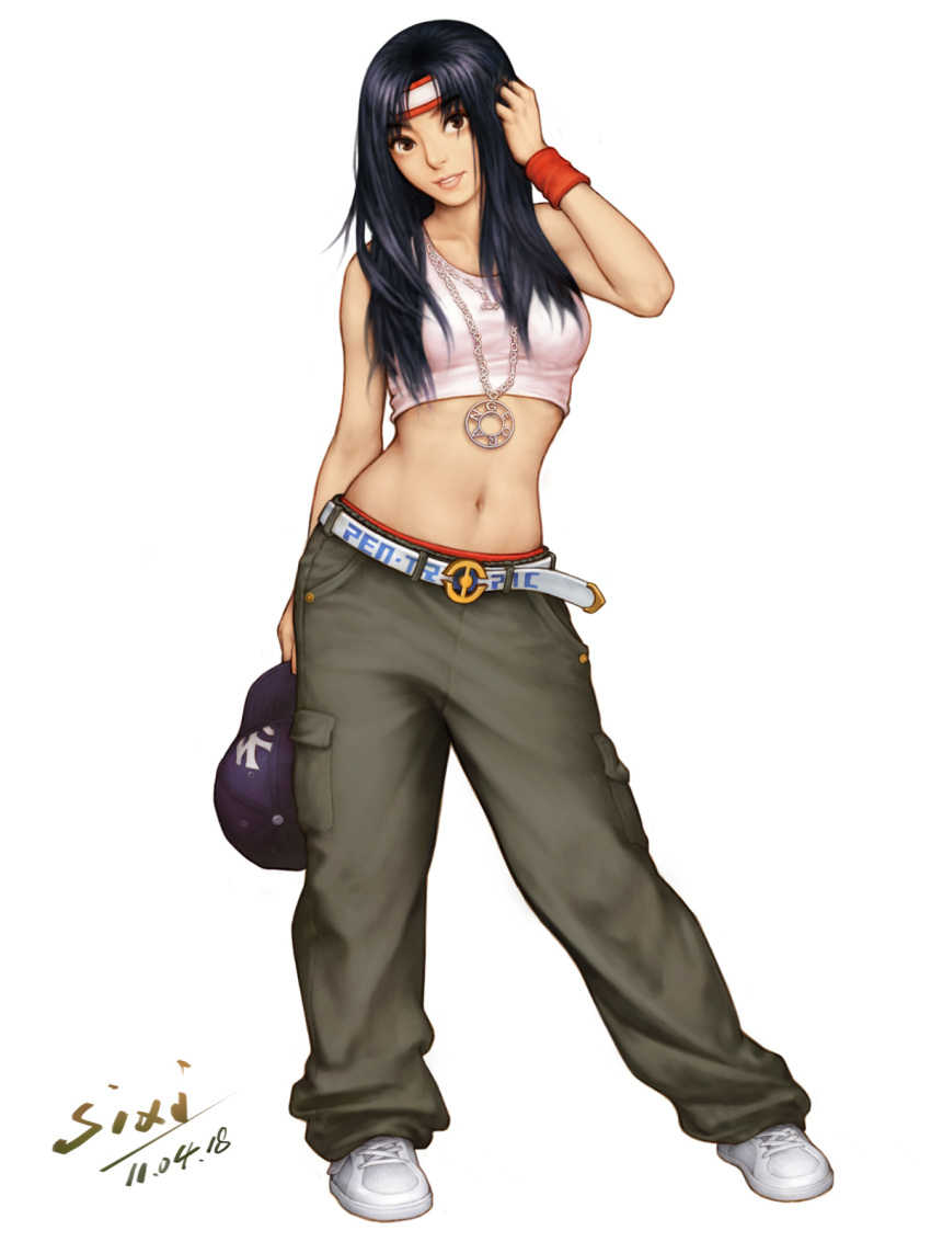 adjusting_hair alternate_costume armband baggy_pants baseball_cap belt blue_hair brown_eyes casual commentary_request crop_top female hair_down hat headband highres holding jewelry long_hair midriff mori_toshiaki_(style) navel necklace pants pen-tropic photoshop_(medium) ryuuko_no_ken shoes signature sneakers solo the_king_of_fighters toudou_kasumi unworn_hat unworn_headwear wristband