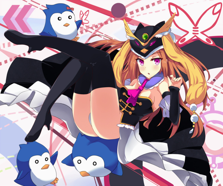 bad_id bad_pixiv_id bare_shoulders bird boots bow brown_hair bug butterfly detached_sleeves eruthika female hat long_hair long_legs mawaru_penguindrum penguin penguin_1-gou penguin_2-gou penguin_3-gou princess_of_the_crystal purple_eyes solo takakura_himari thigh_boots thighhighs zettai_ryouiki