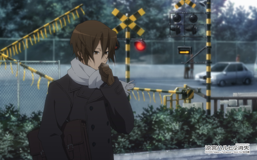 1boy bag brown_eyes brown_hair coat comiket_79 highres koizumi_itsuki male_focus non-web_source official_art official_wallpaper outdoors scarf solo suzumiya_haruhi_no_shoushitsu suzumiya_haruhi_no_yuuutsu utsumi_hiroko