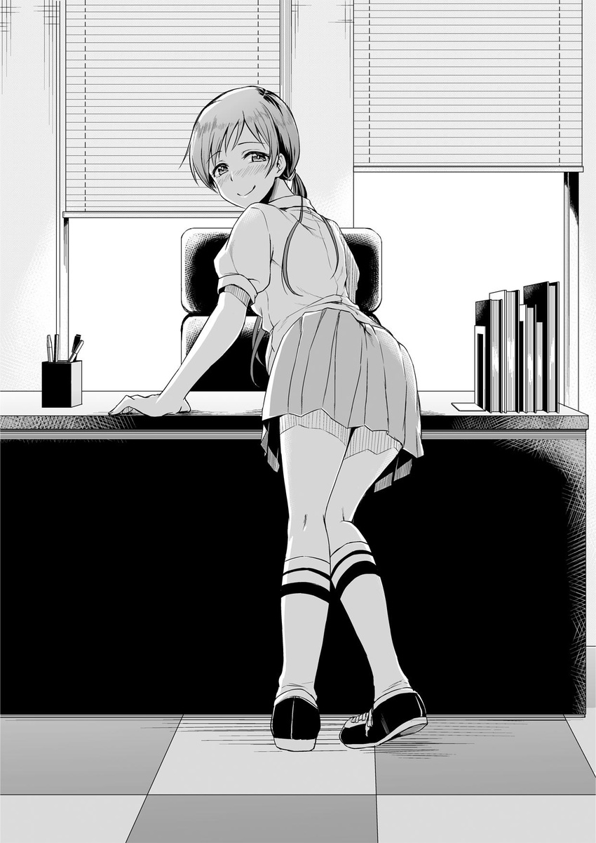 commentary_request female greyscale highres idolmaster idolmaster_cinderella_girls long_hair looking_back meganei monochrome nitta_minami ponytail smile solo