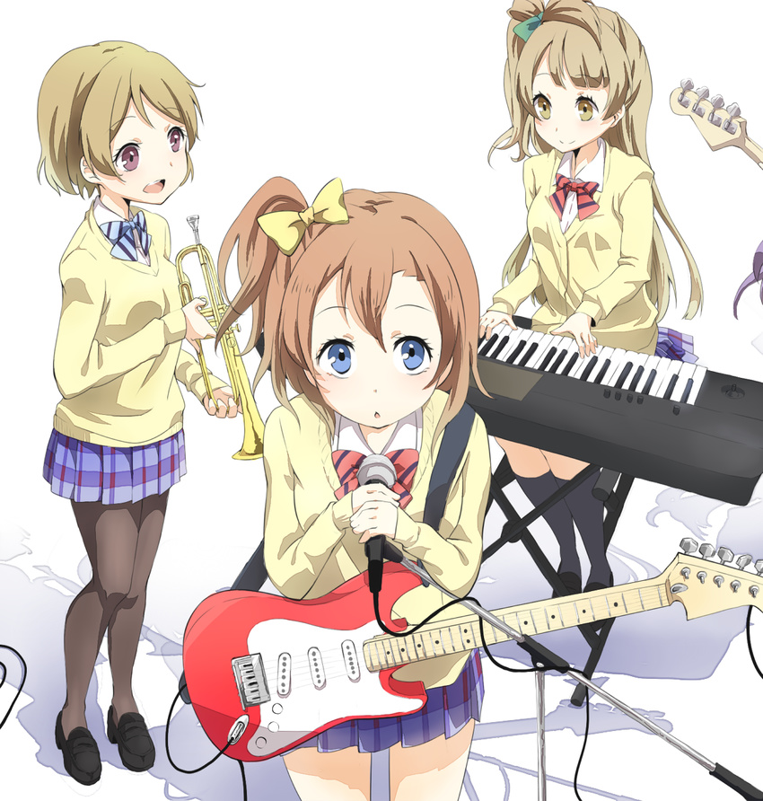 3girls :o bass_guitar blue_eyes brown_eyes brown_hair chiigo commentary_request electric_guitar fender_stratocaster guitar highres instrument keyboard_(instrument) koizumi_hanayo kosaka_honoka long_hair love_live! love_live!_school_idol_project microphone minami_kotori multiple_girls one_side_up otonokizaka_school_uniform pantyhose plaid plaid_skirt printemps_(love_live!) purple_eyes school_uniform short_hair simple_background sitting skirt trumpet white_background