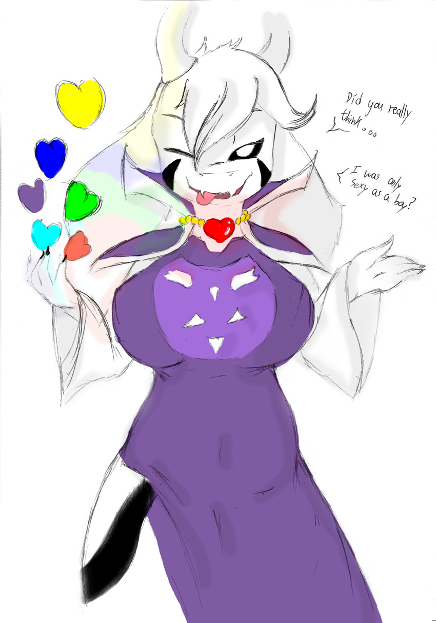 alpha_channel anthro asriel_dreemurr_(god_form) big_breasts biped black_sclera boss_monster_(undertale) bovid breasts caprine clothing dress english_text facial_markings female floppy_ears front_view fur hair head_markings heart_symbol hi_res horn jewelry leg_markings long_ears looking_at_viewer mammal markings mtf_crossgender necklace one_eye_closed portrait rule_63 simple_background smile solo sugarrusheyes text three-quarter_portrait tongue tongue_out transparent_background undertale undertale_(series) white_body white_fur white_hair wink