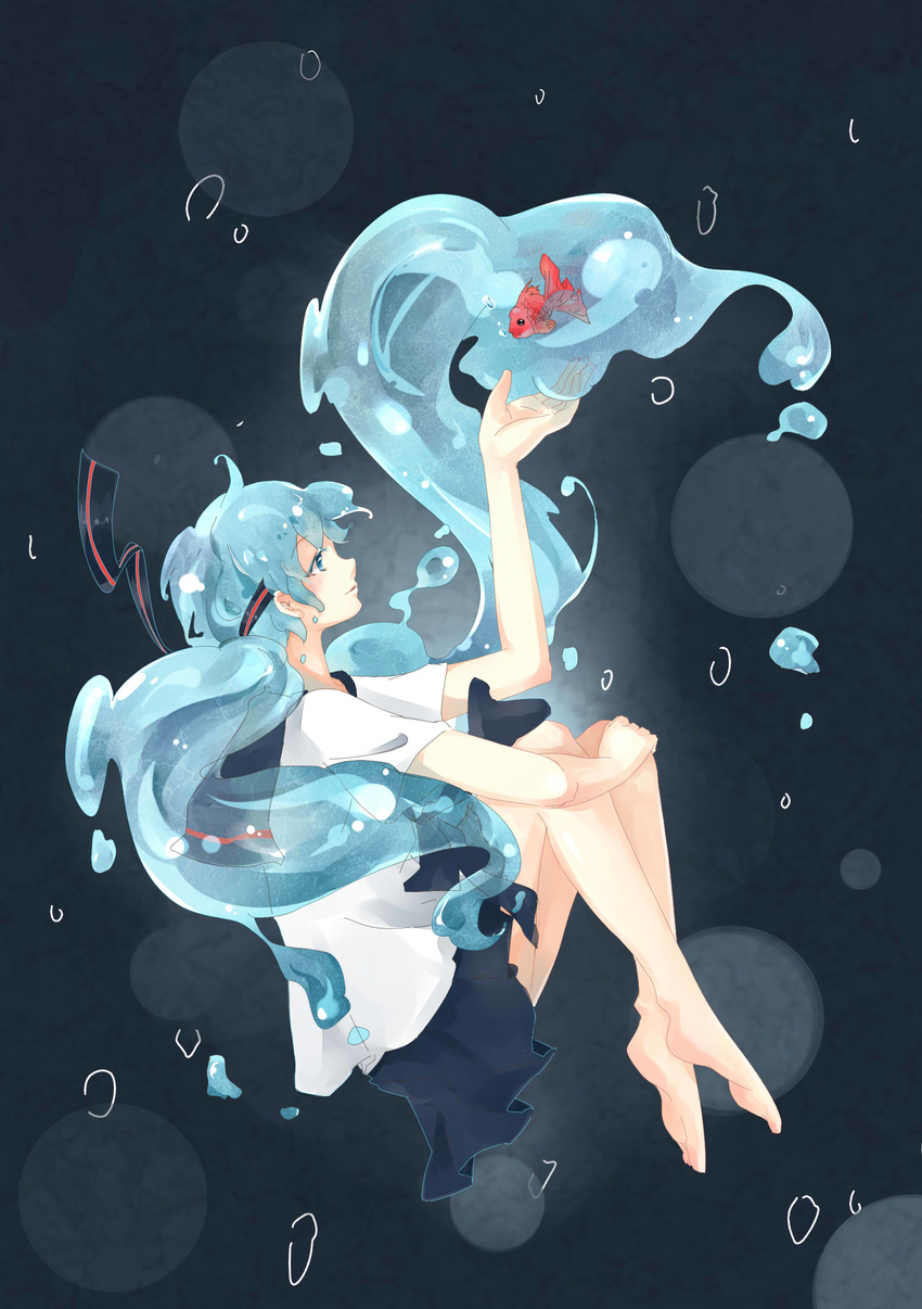 absurdres aqua_eyes aqua_hair bad_id bad_pixiv_id barefoot bottle_miku female fish hatsune_miku highres liquid_hair long_hair natsuko_(1025bilix) skirt solo twintails very_long_hair vocaloid water