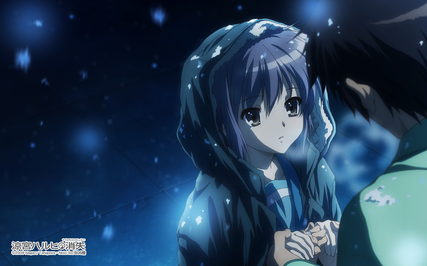 1boy brown_eyes coat comiket_79 copyright_name expressionless female highres holding_hands ikeda_shouko kita_high_school_uniform kyon nagato_yuki night non-web_source official_art official_wallpaper open_mouth outdoors purple_hair school_uniform serafuku short_hair snow suzumiya_haruhi_no_shoushitsu suzumiya_haruhi_no_yuuutsu winter_uniform