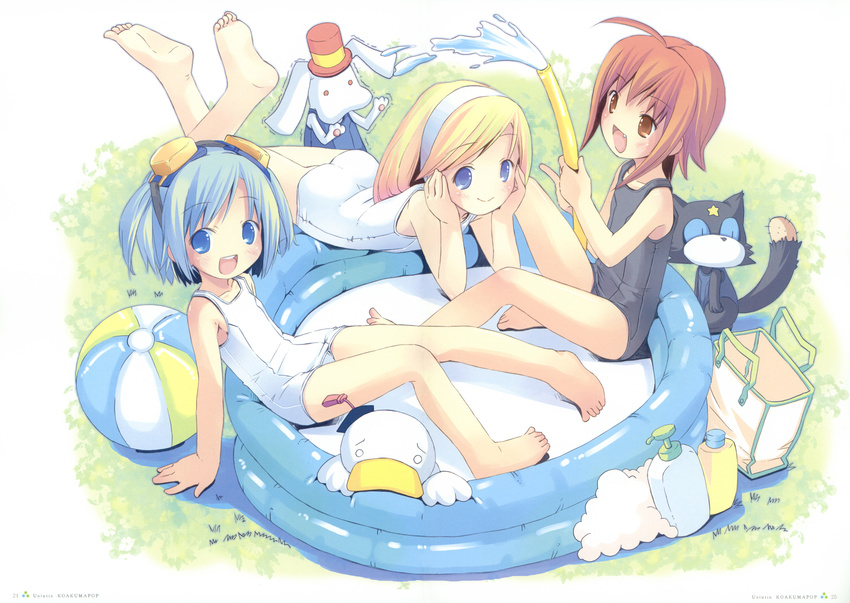 3girls :d absurdres ah-kun ahoge arm_support bag ball barefoot blonde_hair blue_eyes blue_hair blush bob_cut bubble empty_pool feet flat_chest goggles goggles_on_head grass hairband hands_on_own_cheeks hands_on_own_face happy hat highres hose ka-kun long_hair lying moetan multiple_girls na-kun no_nose oerba_yun_fang on_stomach one-piece_swimsuit open_mouth pastel_ink pool pop_(electromagneticwave) red_eyes red_hair school_swimsuit shampoo shiratori_arisu short_hair sitting smile swimsuit tempera_sumi top_hat twintails wading_pool water white_one-piece_swimsuit