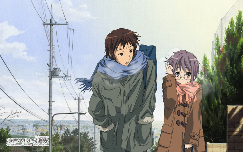 1boy bag blush brown_eyes brown_hair coat comiket_79 day female glasses highres ikeda_kazumi kyon nagato_yuki non-web_source official_art official_wallpaper outdoors purple_hair scarf short_hair suzumiya_haruhi_no_shoushitsu suzumiya_haruhi_no_yuuutsu