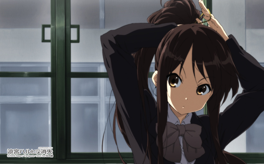 adjusting_hair blazer brown_eyes brown_hair comiket_79 female hairband highres jacket kouyouen_academy_school_uniform long_hair naitou_nao non-web_source official_alternate_costume official_alternate_hair_length official_alternate_hairstyle official_art official_wallpaper ponytail ribbon school_uniform solo suzumiya_haruhi suzumiya_haruhi_no_shoushitsu suzumiya_haruhi_no_yuuutsu tying_hair very_long_hair winter_uniform