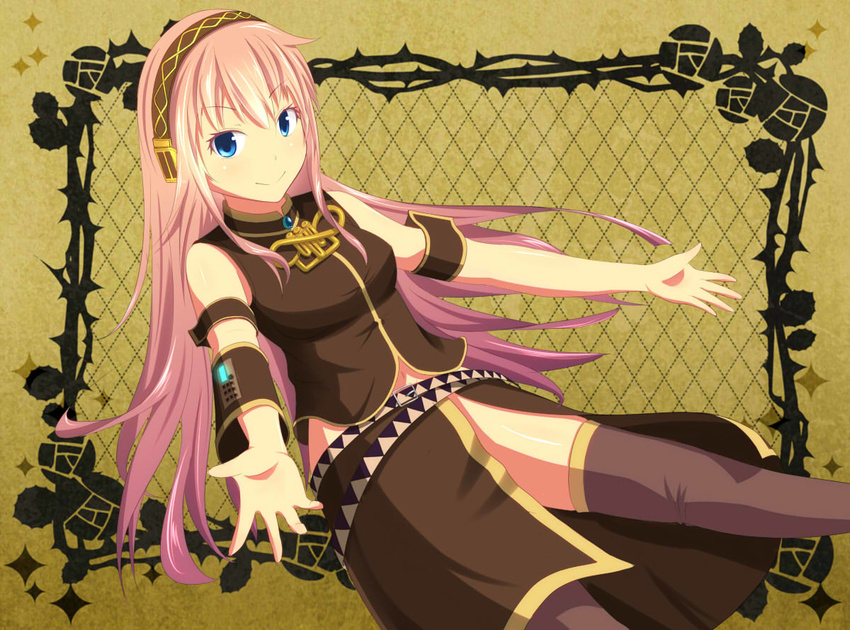 blue_eyes commentary_request detached_sleeves female headphones kurohachiboku long_hair looking_at_viewer megurine_luka navel pink_hair reaching smile solo vocaloid