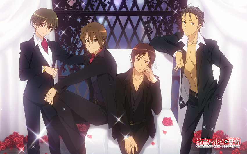 4boys belt brown_hair fabulous flower formal grey_hair hand_in_pocket hand_on_own_cheek hand_on_own_face hand_on_own_knee highres jewelry koizumi_itsuki kunikida_(suzumiya_haruhi) kyon looking_at_viewer male_focus multiple_boys necklace non-web_source official_art official_wallpaper open_clothes open_shirt red_flower red_rose ring rose shirt sitting sparkle suit suzumiya_haruhi_no_yuuutsu taniguchi_(suzumiya_haruhi) utsumi_hiroko waistcoat watch