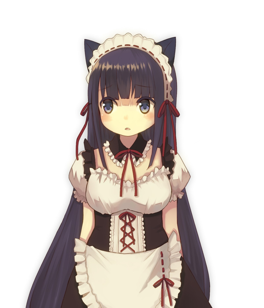 animal_ears bad_id bad_pixiv_id black_hair blue_eyes blue_hair blush bow breasts cat_ears detached_collar female frilled_sleeves frills highres long_hair maid maid_headdress medium_breasts nekomo open_mouth original puffy_short_sleeves puffy_sleeves ribbon short_sleeves simple_background solo white_background