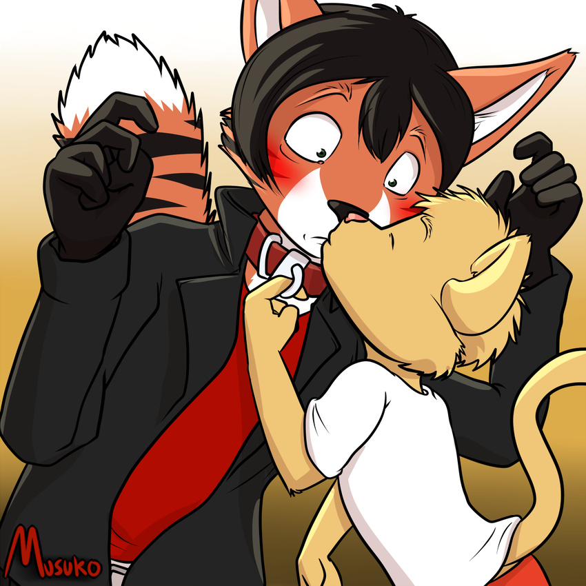 1:1 2016 5_fingers age_difference anthro belt big_ears black_hair blush brown_body brown_fur brown_hair brown_skin canid canine closed_eyes clothed clothing collar collar_pull domestic_cat duo felid feline felis fingers fox fur hair half-length_portrait hi_res jacket kiss_on_lips kissing looking_up male male/male mammal multicolored_body multicolored_fur musuko42 musuko_(character) portrait raised_tail shocked size_difference small_dom_big_sub surprise surprise_kiss tail topwear valheru young young_anthro