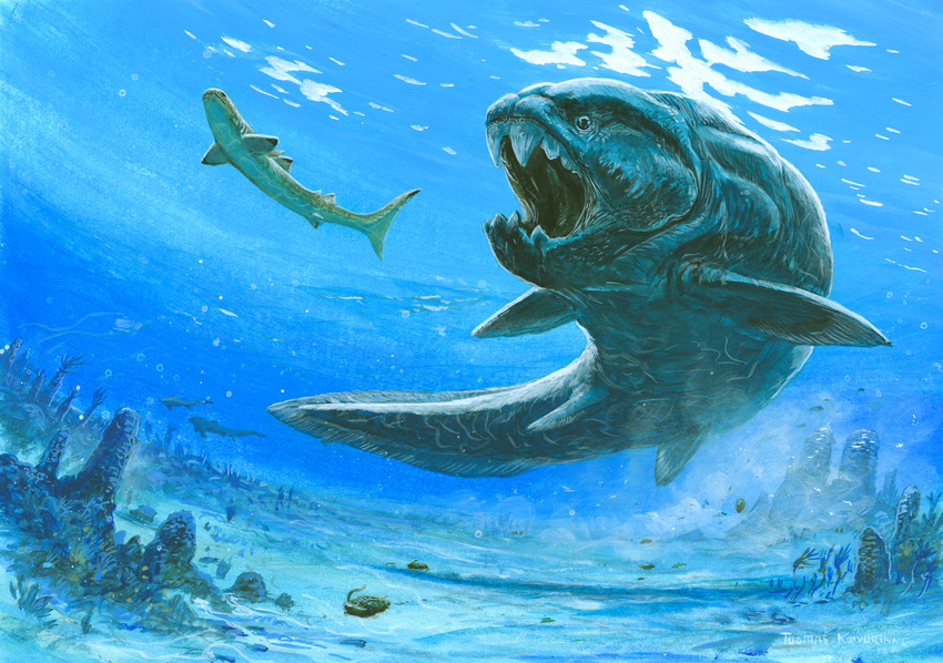 blue_theme cool_colors day detailed_background dunkleosteus duo extinct feral fin fish hi_res marine open_mouth outside placoderm prehistoric_species seabed traditional_media_(artwork) tuomas_koivurinne underwater water