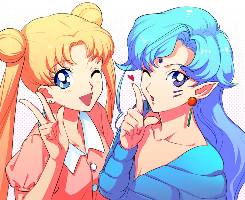 1boy :o ahoge androgynous bishoujo_senshi_sailor_moon bishoujo_senshi_sailor_moon_supers blonde_hair blue_eyes blue_hair commentary_request double_bun facial_mark female fish_eye_(sailor_moon) hair_bun heart long_hair looking_at_viewer one_eye_closed pointy_ears polka_dot polka_dot_background purple_eyes tomaty. tsukino_usagi twintails upper_body v