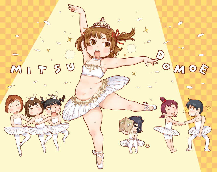 >_< 1boy 6+girls bad_id bad_pixiv_id belly black_hair brown_eyes brown_hair chikubi closed_eyes crossdressing dancing drill_hair eyebrows flying_sweatdrops hair_bobbles hair_bun hair_ornament hair_ribbon hairclip hamster high_ponytail holding_hands magazine_(object) marui_futaba marui_hitoha marui_mitsuba mitsudomoe_(manga) miyashita multiple_girls navel pantyhose plump red_hair ribbon satou_shin'ya short_hair short_twintails single_hair_bun sugisaki_miku sweat takagi_hideaki tiara tutu twin_drills twintails yoshioka_yuki