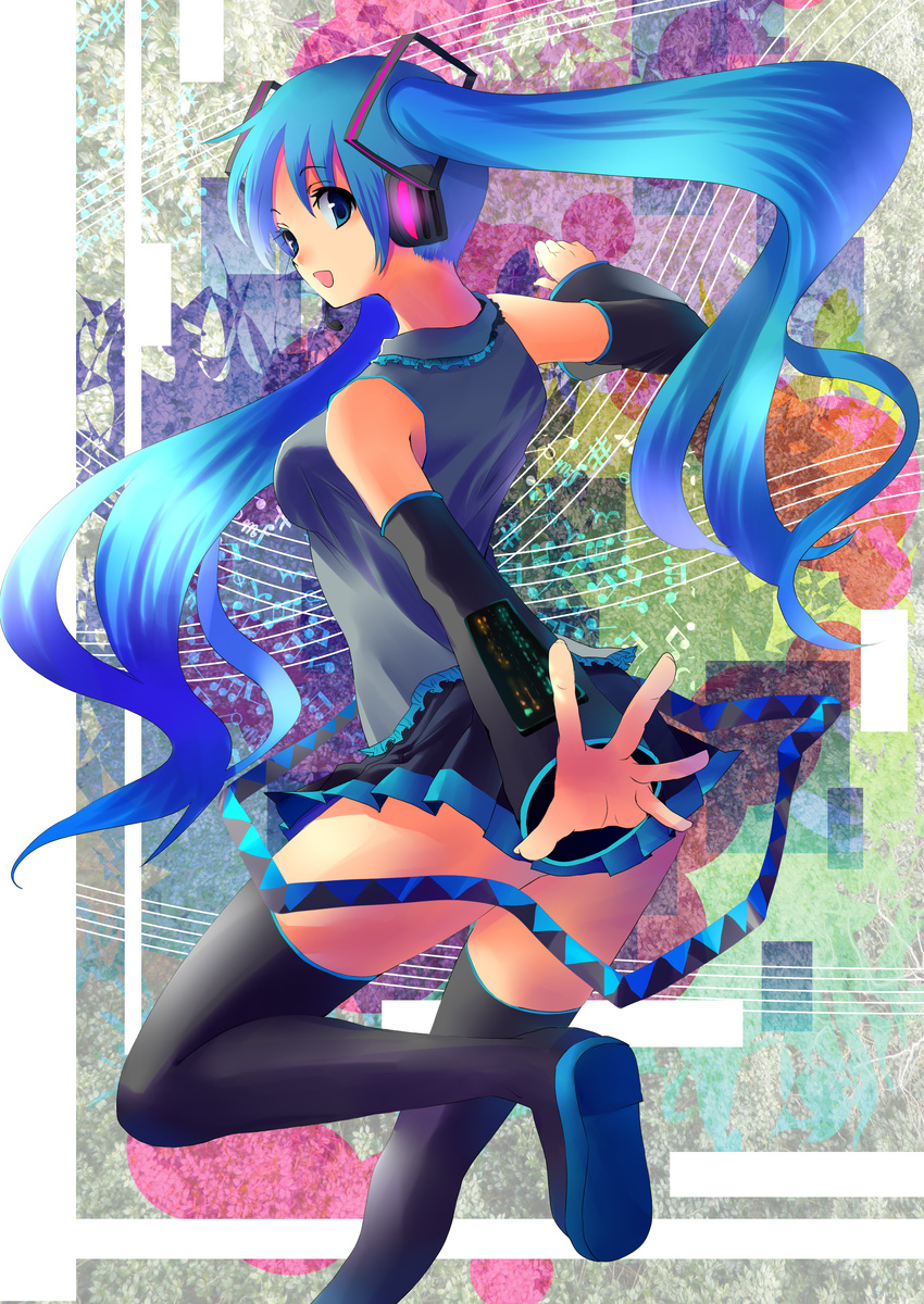 absurdres aqua_eyes aqua_hair bad_id bad_pixiv_id detached_sleeves female hatsune_miku highres kobanzame long_hair solo thighhighs twintails vocaloid