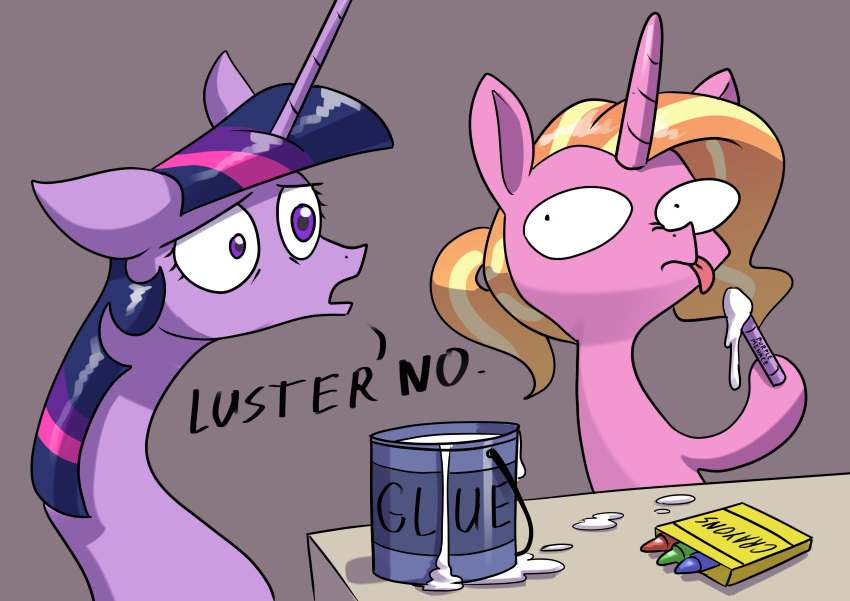 2019 absurd_res crayon duo english_text equid equine feathers female feral friendship_is_magic glue hasbro hi_res horn humor luster_dawn_(mlp) mammal my_little_pony mythological_creature mythological_equine mythology text twilight_sparkle_(mlp) underpable unicorn young