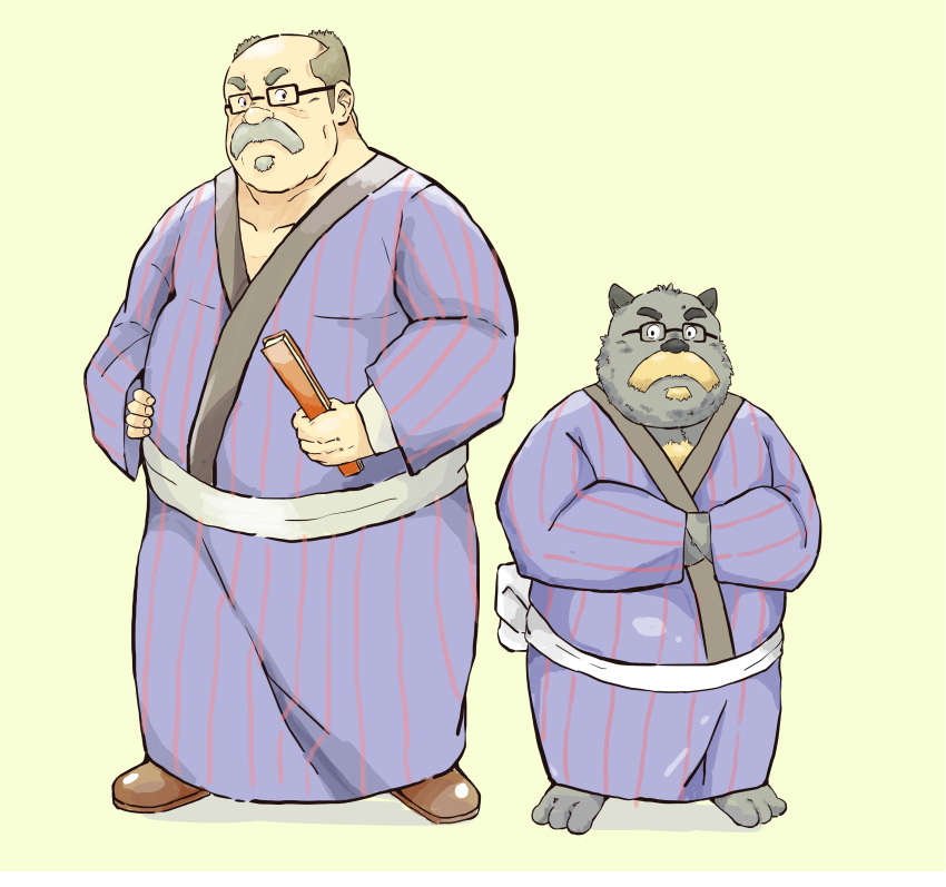 2015 absurd_res andikapatok anthro canid canine clothing eyewear facial_hair fur ghibli glasses grey_body grey_fur hi_res human kemono kincho_daimyojin_vi male mammal moustache overweight overweight_male pom_poko raccoon_dog robe simple_background solo tanuki