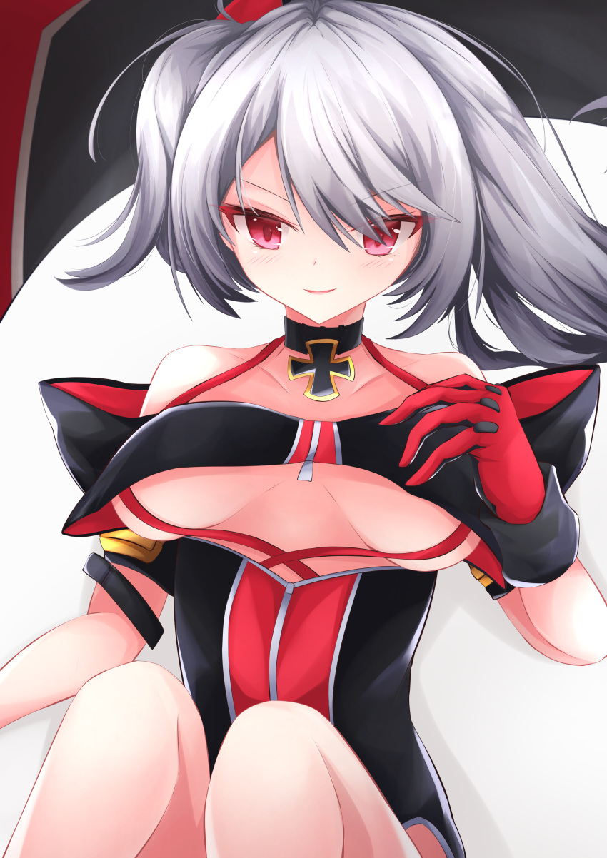 absurdres asymmetrical_hair azur_lane bare_shoulders black_choker black_one-piece_swimsuit blush breasts choker clothing_cutout cross female gloves grey_hair hand_up highres iron_cross knees_together_feet_apart knees_up long_hair looking_at_viewer medium_breasts one-piece_swimsuit osatou_(soul_of_sugar) parted_lips red_eyes red_gloves red_one-piece_swimsuit side_ponytail smile solo swimsuit two-tone_swimsuit u-410_(azur_lane) underboob underboob_cutout