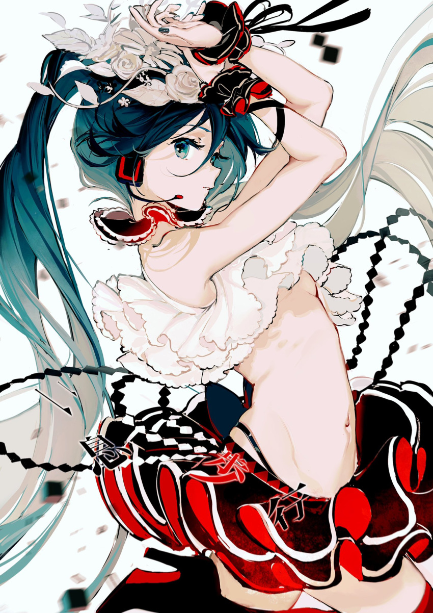 aqua_eyes aqua_hair aqua_nails bare_shoulders black_skirt bless_you_(module) blurry blurry_background boots breasts commentary cowboy_shot crop_top cube female flower frilled_shirt frills from_side hair_flower hair_ornament hands_up hatsune_miku headphones headset high_heel_boots high_heels highres hip_bones leg_up light_smile long_hair looking_at_viewer midriff miniskirt nail_polish navel nisoku_hokou_(vocaloid) parted_lips project_diva_(series) rose rumoon scrunchie shirt skirt small_breasts solo song_name twintails underboob very_long_hair vocaloid white_background white_flower white_rose white_shirt wrist_scrunchie