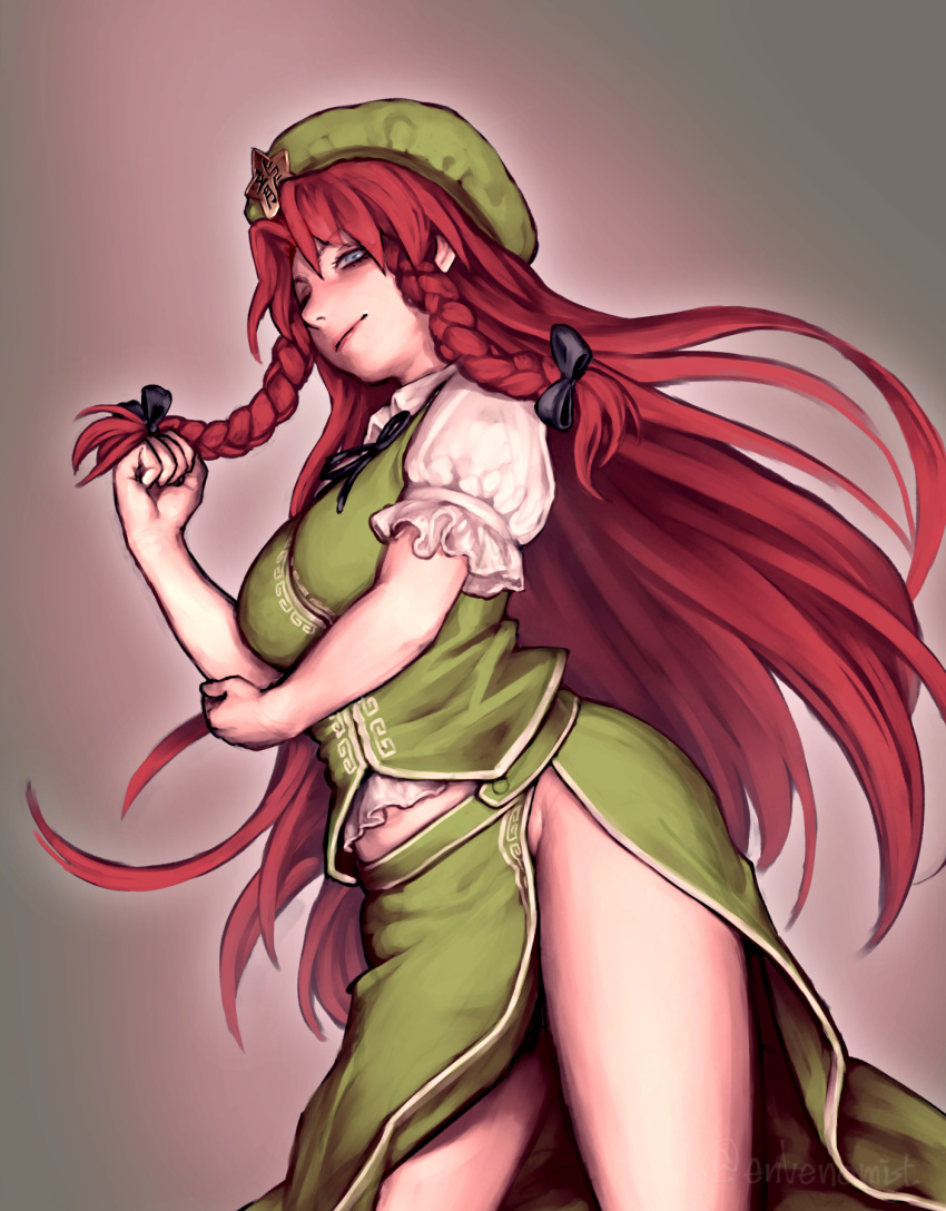 artist_name beret braid breasts contrapposto cowboy_shot envenomist_(gengoroumaru) female groin hat hat_ornament highres hong_meiling large_breasts long_hair looking_at_viewer no_panties puffy_short_sleeves puffy_sleeves red_hair short_sleeves side_slit simple_background solo star_(symbol) star_hat_ornament touhou twin_braids twitter_username very_long_hair