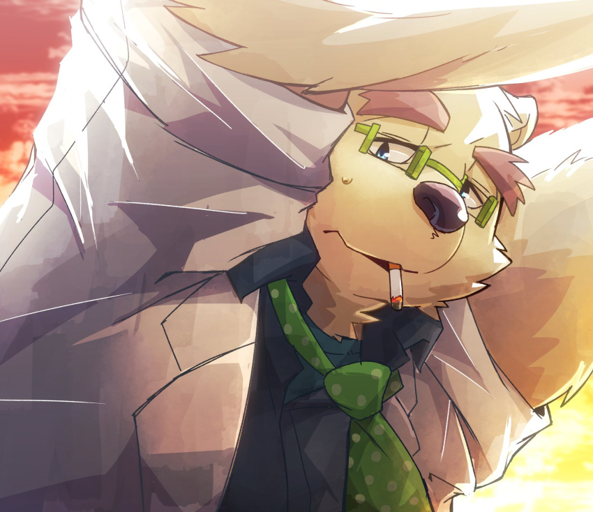 2022 anthro bear boar_stag144 clothing eyewear glasses hi_res kemono leib_(tas) lifewonders male mammal outside overweight overweight_male polar_bear shirt smoking solo tokyo_afterschool_summoners topwear ursine