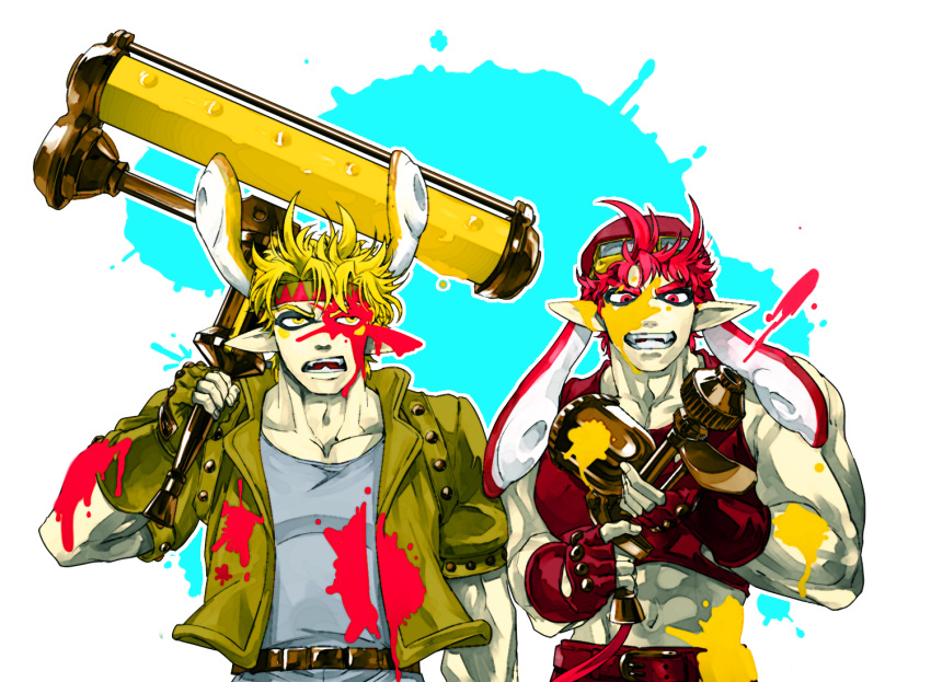 2boys bare_shoulders battle_tendency blonde_hair brown_hair caesar_anthonio_zeppeli crossover eyeshadow fangs fingerless_gloves fusion gloves green_jacket grin gun inkling inkling_boy inkling_player_character jacket jojo_no_kimyou_na_bouken joseph_joestar joseph_joestar_(young) makeup male_focus michiru_(amphibian) multiple_boys muscular muscular_male paint_splatter parody pointy_ears red_eyes red_hair smile splat_roller_(splatoon) splatoon_(series) tentacle_hair weapon yellow_eyes