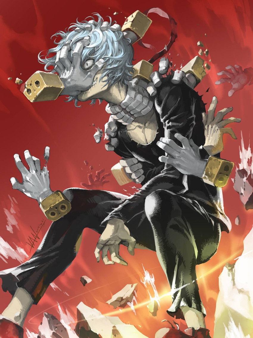 1boy artist_name black_pants black_shirt blue_hair boku_no_hero_academia collarbone costume drama_layer hands highres leaning_forward light_blue_hair long_sleeves male_focus pants red_footwear scoop_neck shigaraki_tomura shirt short_hair signature skinny solo van_(yoroshigu) wavy_hair