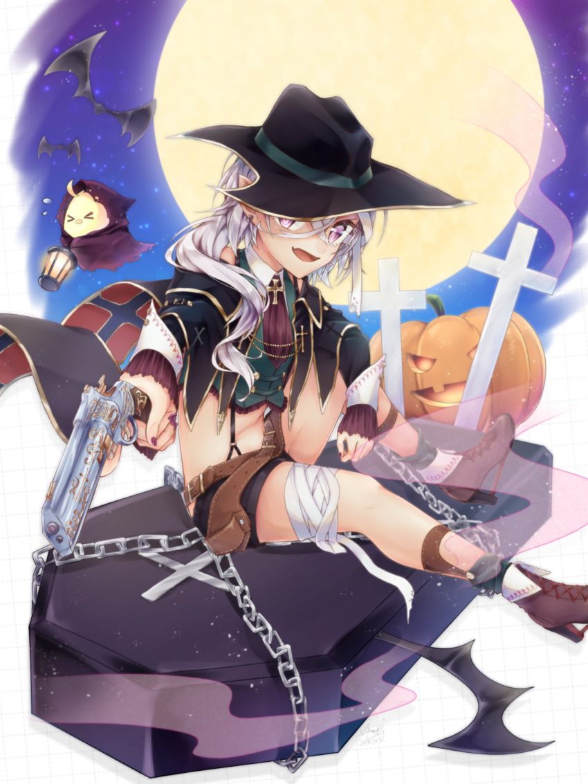 >_< :d absurdres alternate_costume alternate_hairstyle ascot azur_lane bandaged_head bandaged_leg bandages bat_(animal) belt black_hat black_jacket black_shorts boots brown_footwear chains cloak coffin collared_shirt commentary_request cross cross-laced_clothes cross_necklace crossed_bangs dated earrings fedora female flying_sweatdrops frilled_sleeves frills full_body full_moon green_footwear green_vest gun halloween hat high_heel_boots high_heels highres holding holding_gun holding_weapon holster jack-o'-lantern jacket jewelry lantern looking_at_viewer manjuu_(azur_lane) midriff moon navel necklace oerba_yun_fang off_shoulder open_mouth pointy_ears purple_eyes purple_nails satsuki_meguru shadow shirt short_shorts shorts signature sitting sitting_on_object skin_fang sky smile socks solo star_(sky) starry_sky stud_earrings suspender_shorts suspenders tombstone vest weapon white_hair white_shirt z1_leberecht_maass_(azur_lane)