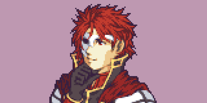 1boy bad_id bad_twitter_id buskhusker cape character_request close-up closed_mouth fire_emblem hand_on_own_chin highres looking_ahead male_focus mask_over_one_eye original pixel_art portrait purple_background red_cape red_eyes red_hair simple_background smile solo